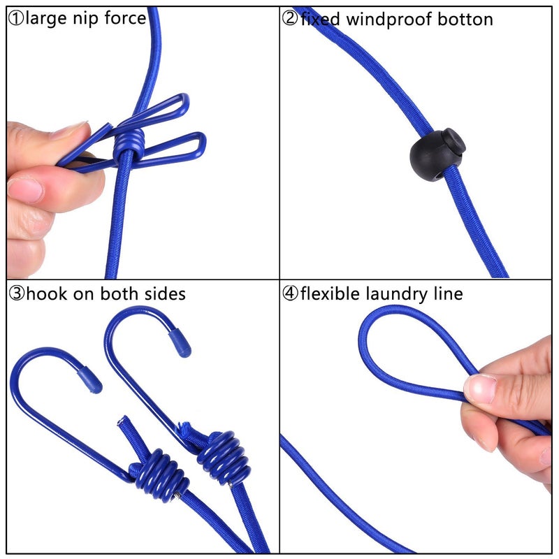 AIKESIWAY Portable Travel Clothesline, Adjustable Elastic Travel Camping Retractable Clothesline with 12pcs Clips for Outdoor and Indoor Use (Blue) - Image 2
